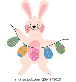 Bunny holding a garland with easter eggs. Spring activities holiday