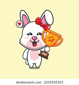 bunny holding gold trophy cup cartoon vector illustration.