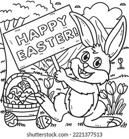 Bunny Holding Happy Easter Coloring Page for Kids