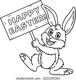 Bunny Holding Happy Easter Isolated Coloring Page