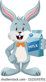 Bunny holding milk, illustration, vector on white background.