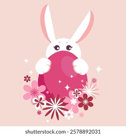 Bunny holding a pink Easter egg surrounded by flowers and glittering details. Perfect for greeting cards, holiday designs, children's illustrations and decorations. Vector 