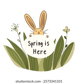 Bunny holding a Spring is Here sign with greenery and flowers, symbolizing the arrival of spring and fresh beginnings.