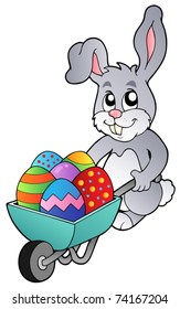 Bunny holding wheelbarrow with eggs - vector illustration.