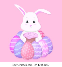 Bunny sostiene el pastel de Pascua alrededor de los huevos. Feliz Pascua. Ilustración de vector