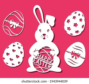 Der Bunny hält Ostereier. Osterhase zum Laserschneiden auf rotem Hintergrund. Symbole für Grußkarten. Vektorgrafik. Frohe Osteraufschrift