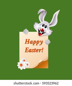 Bunny holds Easter greeting card with page curl.
