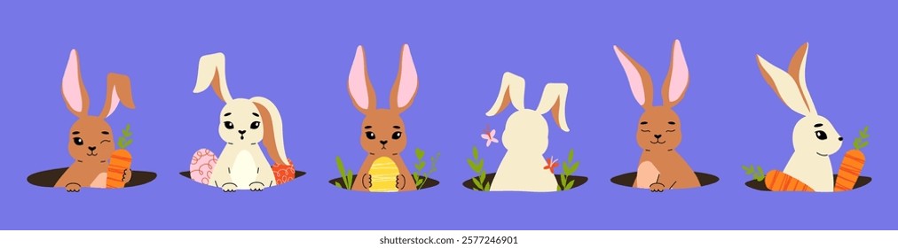 Bunny in hole. Cute cartoon rabbit with big ears hiding in ground, funny spring wildlife rabbits characters peeking out from burrow. Vector Easter bunnies illustration.