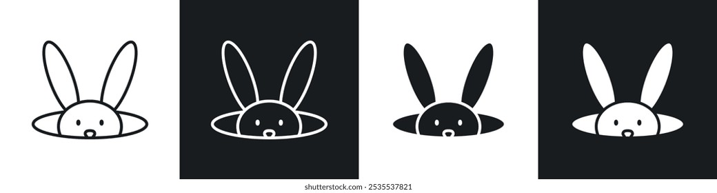 Conejito en el icono del Vector del agujero fijado en blanco y negro. Ilustración EPS 10