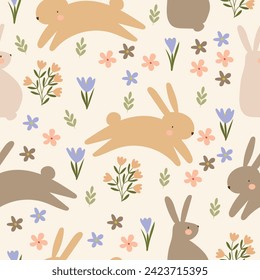 bunny hop in wild flowers garden hand drawn seamless pattern vector illustration for invitation greeting birthday party celebration wedding card poster banner textiles wallpaper paper wrap background