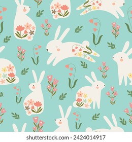 bunny hop in wild flowers garden hand drawn seamless pattern vector illustration for invitation greeting birthday party celebration wedding card poster banner textiles wallpaper paper wrap background