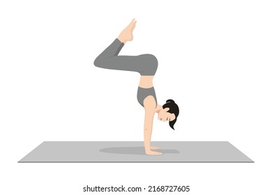 Bunny Hops Pose Handstand Prep. Beautiful girl practice Pike Handstand Pose. Young attractive woman practicing yoga exercise. working out, black wearing sportswear, grey pants and top, indoor full