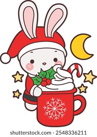 bunny with hot chocolate. Cute Christmas Bunny stock illustration. Funny bunny christmas for sticker elements. 