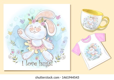 Bunny hug. Hilarious e-card. Print on the mug and t-shirt. Vector. Watercolor.