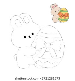 Conejo abrazando un huevo de Pascua para colorear página para niños. Conejito sosteniendo un huevo de Pascua gigante para colorear para niños. Trazo y color Conejito y Huevo de Pascua. Conejito para colorear página para actividad de Pascua imprimible.