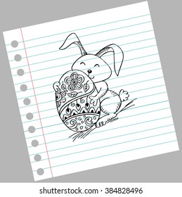 Bunny hugging an Easter egg. Hand drawing illustration.