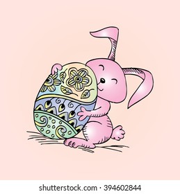 Bunny hugging an Easter egg. Hand drawing illustration,