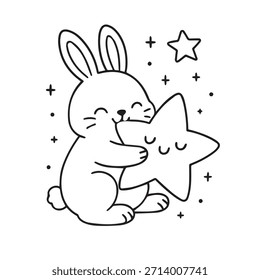 Hase umarmt einen Stern. Ein süßes Häschen kuschelt einen verschlafenen Stern.