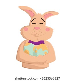 Bunny hugs two Easter eggs. Vector illustration