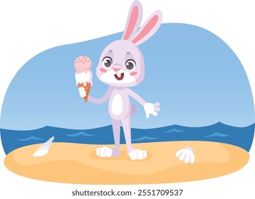 Bunny with ice cream on beach. Funny summer vacation character isolated on white background