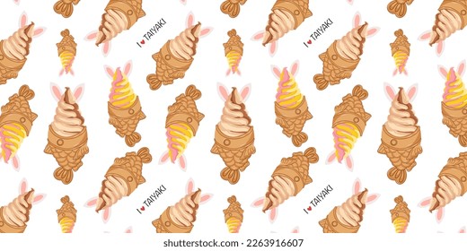 Bunny ice cream taiyaki seamless pattern. Asian dessert.