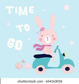 bunny illustration vector with motorcyle for kids print