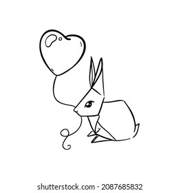 Bunny with an inflatable heart in its teeth sketch vector illustration art