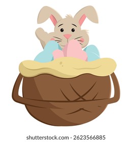 Bunny inside basket with eggs. Vector illustration