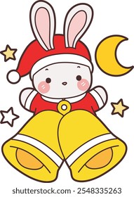 Bunny with jingle bells. Cute Christmas Bunny stock illustration. Funny bunny christmas for sticker elements. 