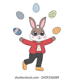 Bunny juggling eggs. Colorful painted Easter eggs. Joyful holiday character. Vector isolated on transparent background.