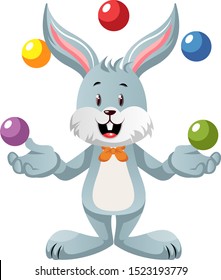 Bunny juggling, illustration, vector on white background.