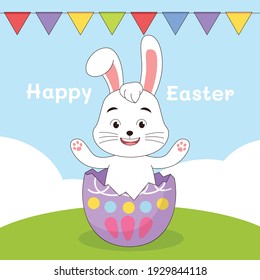 Bunny jumping out from egg. Cute easter bunny jumping out from broken egg.