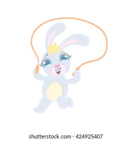 Bunny Jumping With Skip Rope Illustration In Cute Girly Cartoon Style Isolated On White Background