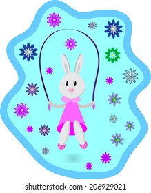 Bunny jumps on a skipping rope.Vector Easter Bunny. Vector illustration of cute cartoon bunny for design elements. 