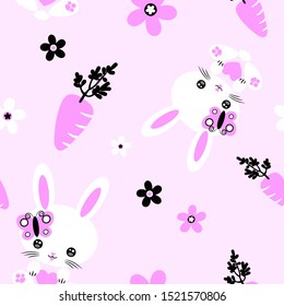 Bunny Kawaii Pink Cute Character Vector Seamless Pattern