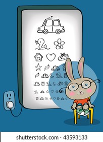 Bunny kid taking an eye test. Vector illustration of cute bunny boy at the optician, reading from an illuminated kindergarten eye chart. Now that he has his new glasses on, he can see everything!