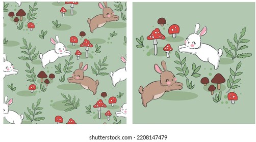 Bunny kids design print Hand drawn cute rabbit and Mushrooms seamless pattern illustration background woodland 