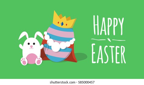 Bunny with King of Eggs "Happy Easter" Vector Illustration