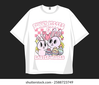 Bunny kisses, Easter t shirt design. Groove cartoon easter chick graphic t shirt. Old school stye holidays design for festival