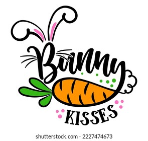 Bunny kisses and Easter wishes - Cute bunny saying. Funny calligraphy for spring holiday Easter egg hunt. Perfect for advertising, poster, announcement or greeting card. Beautiful Cholcolat Rabbit.