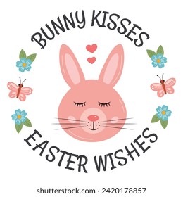 Bunny kisses Easter wishes. Cute Happy Easter cards, round sticker with cute pink bunny in love. Cute funny round sticker, gift tag for gift packaging, kids, friends, family. Easter holiday label.