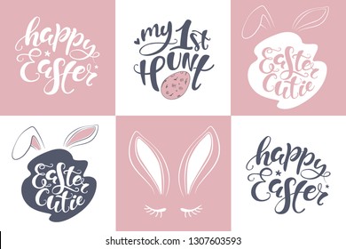 bunny kisses Easter wishes. Happy Easter lettering card. quote to design greeting card, poster, banner, printable wall art, t-shirt and other, vector illustration.