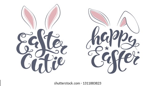 bunny kisses Easter wishes. Happy Easter lettering card. quote to design greeting card, poster, banner, printable wall art, t-shirt and other, vector illustration.