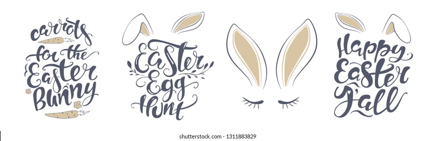 bunny kisses Easter wishes. Happy Easter lettering card. quote to design greeting card, poster, banner, printable wall art, t-shirt and other, vector illustration.