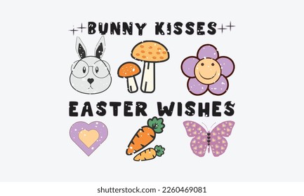 Bunny Kisses Easter Wishes Happy Easter vector illustration. Cute typography