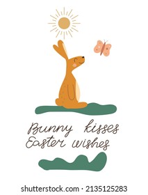 Bunny kisses Easter wishes lettering quote. Happy Easter poster. Rabbit and butterfly. Bohemian style. Religion holiday decoration. Vector stock illustration