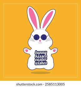 Bunny kisses easter wishes, vector easter bunny, rabbit cartoon modern typography, easter bunny character illustration