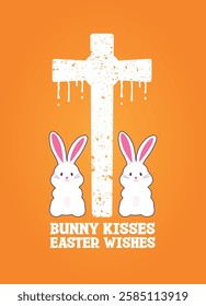 Bunny kisses easter wishes vector typography, with Christian cross, easter bunny illustrations