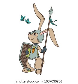 Bunny knight with a lance and shield. Vector illustration isolated on white background.