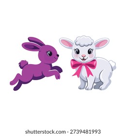Bunny and lamb friends illustration for Easter parade branding, egg hunt maps, preschool workbook pages, fair signage, family celebration graphics